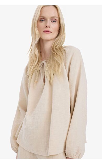 Oversize Geniş Kalıp Bisiklet Yaka Müslin Uzun Kollu Bluz