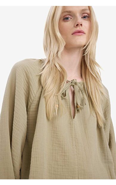 Oversize Geniş Kalıp Bisiklet Yaka Müslin Uzun Kollu Bluz