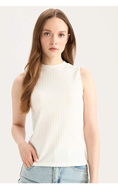 Regular Fit Basic Düz Fitilli Kaşkorse Kolsuz Tişört Tunik