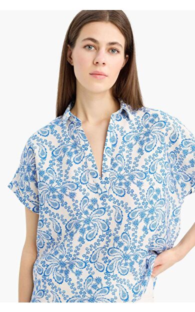 Oversize Geniş Kalıp Gömlek Yaka Baskılı Kısa Kollu Bluz