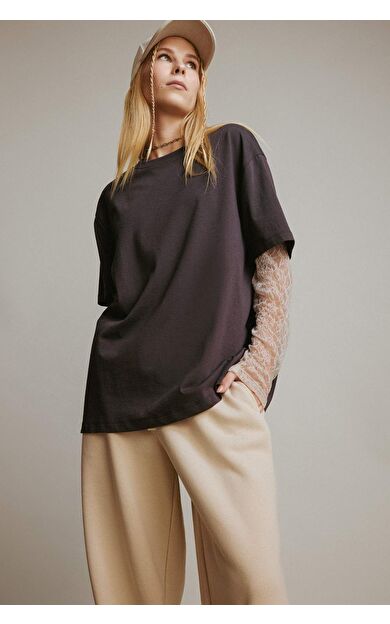 Coool Oversize Geniş Kalıp Bisiklet Yaka Dantel Detaylı Uzun Kollu Tişört