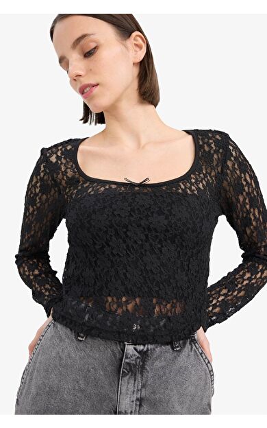 Coool Yuvarlak Yaka Fitted Dantel Uzun Kollu Bluz