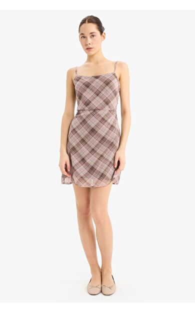 Coool Askılı Kareli Şifon Askılı Mini Elbise