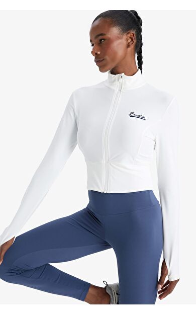 DeFactoFit Slim Fit Dar Kesim Dik Yaka Baskılı Fermuarlı Hırka