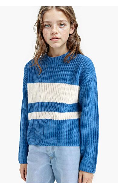 Kız Çocuk Standart Fit Bisiklet Yaka Çizgili Kazak E7735A825AUBE389