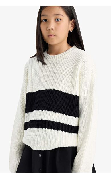 Kız Çocuk Standart Fit Bisiklet Yaka Çizgili Kazak E7735A825AUER105