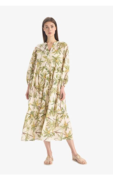 -Fall in Love Regular Fit Tropikal Desenli Vual Plaj Kıyafeti