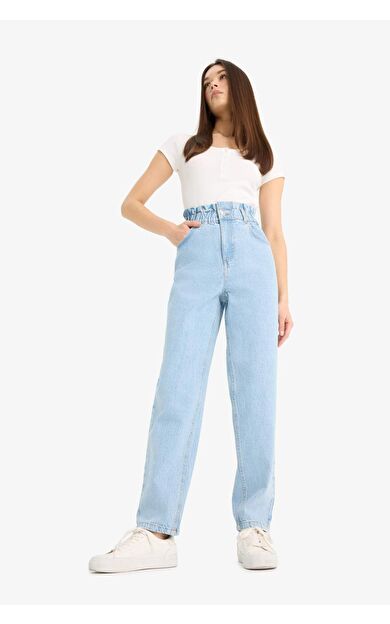 DeFacto Paperbag Yüksek Bel Düz Paça Uzun Jean Kar Yıkamalı Pantolon