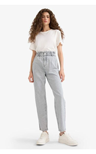 Paperbag Yüksek Bel Düz Paça Uzun Jean Kar Yıkamalı Pantolon