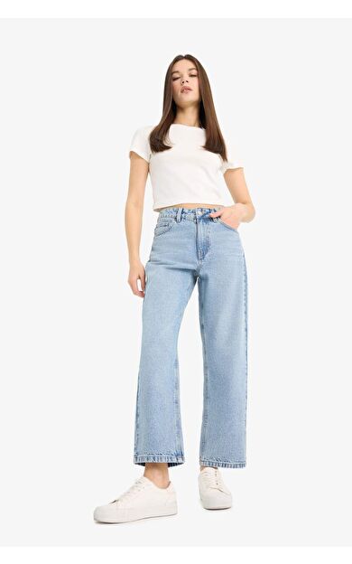 DeFacto Straight Fit Yüksek Bel Düz Paça Uzun Jean Kar Yıkamalı Pantolon