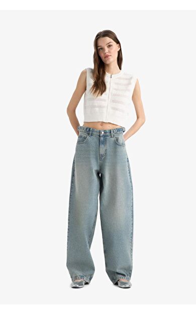 Carpenter Fit Yüksek Bel Uzun Paça Uzun Jean Görünümlü Kar Yıkamalı Pantolon