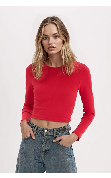 Coool Fitted Basic Düz Ribana Uzun Kollu Kırmızı Tişört