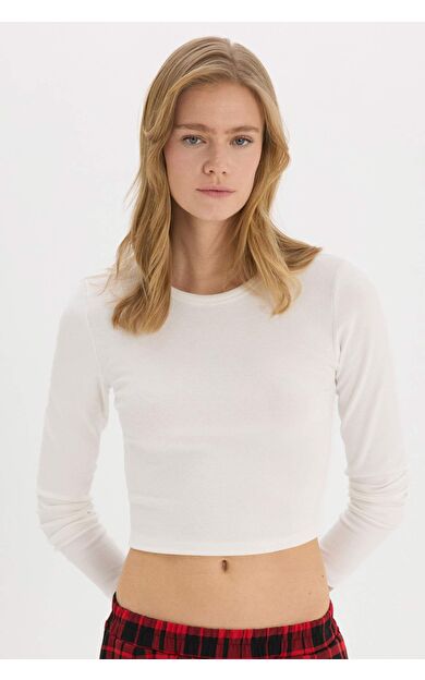 Coool Fitted Basic Düz Ribana Uzun Kollu Beyaz Tişört