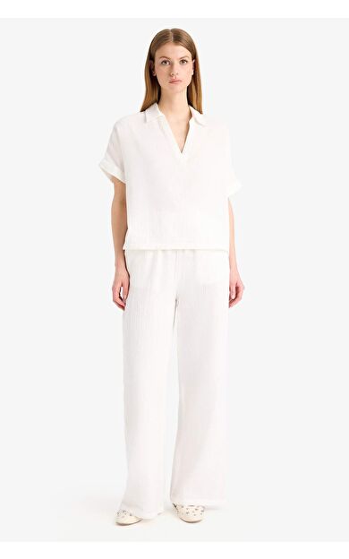 Wide Leg Çift Cepli Beli Lastikli Düz Paça Midi Krinkıl Kumaş Pantolon