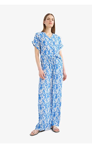 DeFacto Straight Fit Beli Lastikli Midi Krinkıl Kumaş Desenli Pantolon