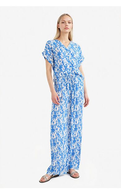 DeFacto Straight Fit Beli Lastikli Midi Krinkıl Kumaş Desenli Pantolon