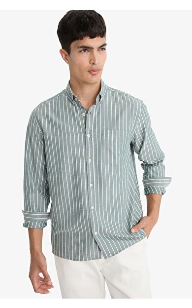 DeFacto Regular Fit Polo Yaka Dokuma Uzun Kollu Çizgili Gömlek