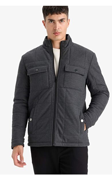 Slim Fit Dar Kesim Dik Yaka Astarlı Fermuarlı Cepli Kışlık Şişme Penye Mont E7888AX25AUAR167