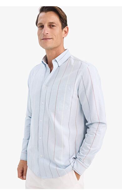 DeFacto Regular Fit Polo Yaka Çizgili Pamuklu Uzun Kollu Gömlek