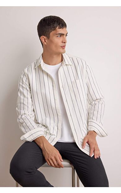 Regular Fit Polo Yaka Pamuklu Uzun Kollu Çizgili Gömlek