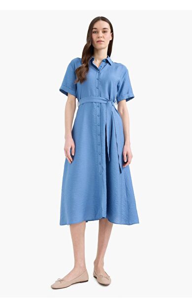 Regular Fit Gömlek Yaka Kuşaklı Kısa Kollu Midi Elbise