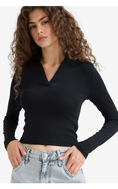 DeFacto Fitted Polo Yaka Basic Düz Modal Uzun Kollu Siyah Tişört