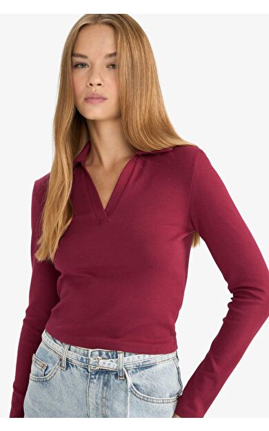 Fitted Polo Yaka Modal Uzun Kollu Tişört