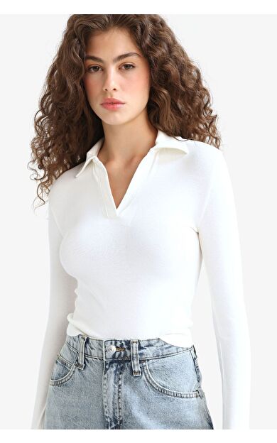 DeFacto Fitted Polo Yaka Basic Düz Modal Uzun Kollu Beyaz Tişört