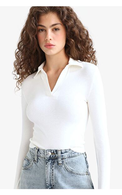 Fitted Polo Yaka Basic Düz Modal Uzun Kollu Beyaz Tişört