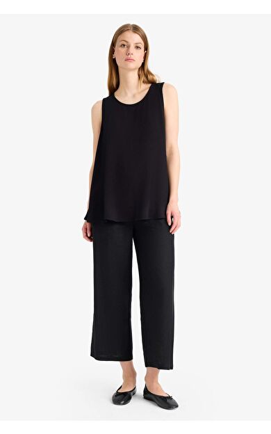 Culotte Yüksek Bel Kısa Boy Keten Karışımlı Pantolon