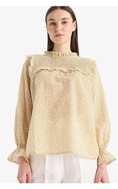DeFacto Regular Fit Desenli Fırfır Yaka Vual Uzun Kollu Bluz Tunik