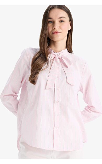 Relax Fit Fiyonk Yaka Çizgili Simli Kumaş Uzun Kollu Gömlek Tunik