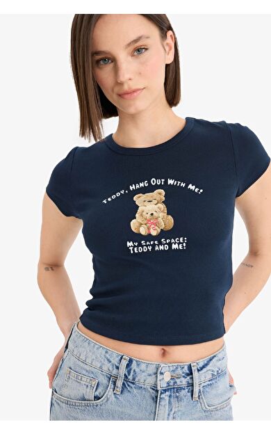 Coool Fitted Bisiklet Yaka Fotoğraf Baskılı Ribana Kısa Kollu Tişört