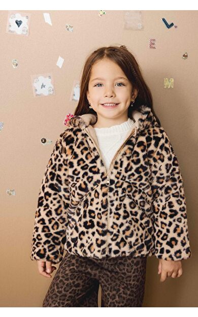 DeFacto Kız Bebek Kapüşonlu Leopar Desenli Fermuarlı Pelüş Mont