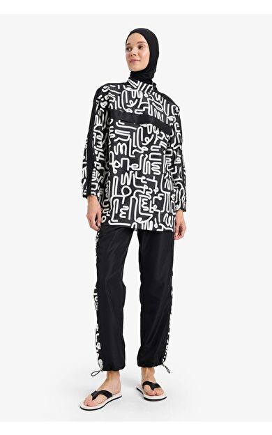 Regular Fit Desenli 3'lü Basic Düz Burkini Tesettür Mayo Takım
