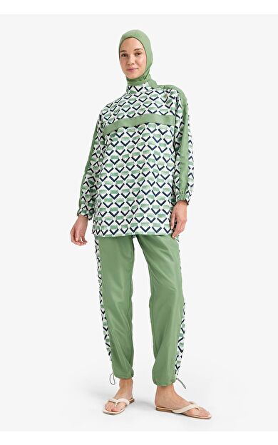 Regular Fit Desenli 3'lü Basic Düz Burkini Tesettür Mayo Takım