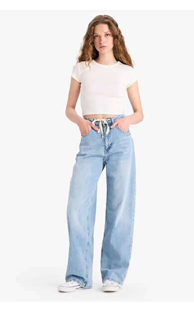 DeFacto Wide Leg Bağcıklı Bel Uzun Jean Yıkamalı Pantolon