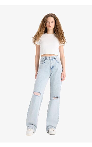 DeFacto Straight Wide Yırtık Detaylı Yüksek Bel Uzun Jean Yıkamalı Pantolon E8016AX25SMNM39