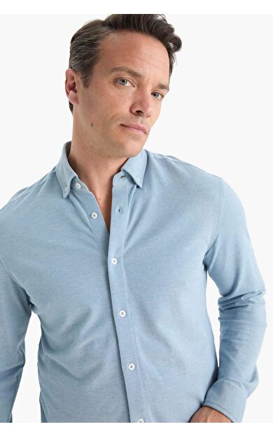 Regular Fit Polo Yaka Penye Uzun Kollu Gömlek E8067AX25AUBE422