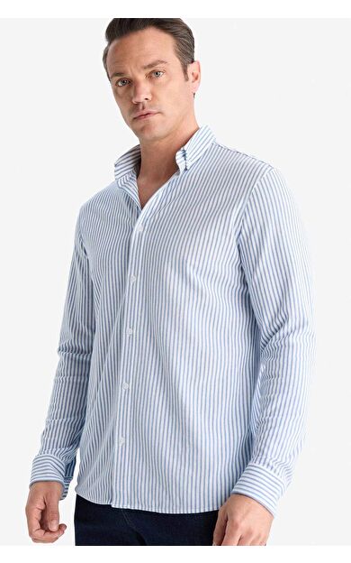 Regular Fit Polo Yaka Çizgili Penye Uzun Kollu Gömlek