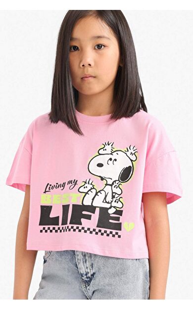 DeFacto Kız Çocuk Snoopy Bisiklet Yaka Kısa Kollu Tişört