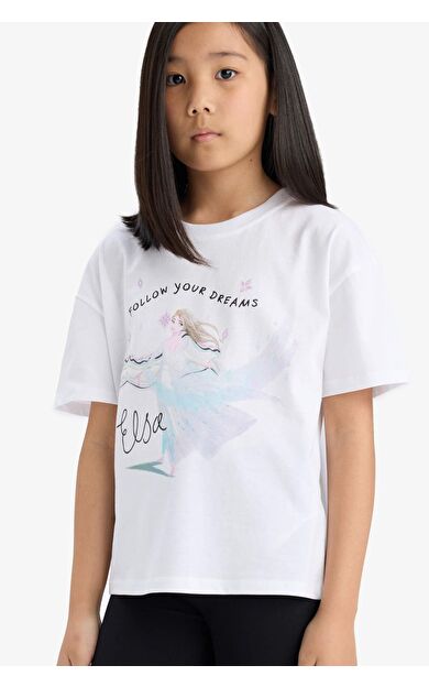 DeFacto Kız Çocuk Frozen Relax Fit Bisiklet Yaka Kısa Kollu Tişört