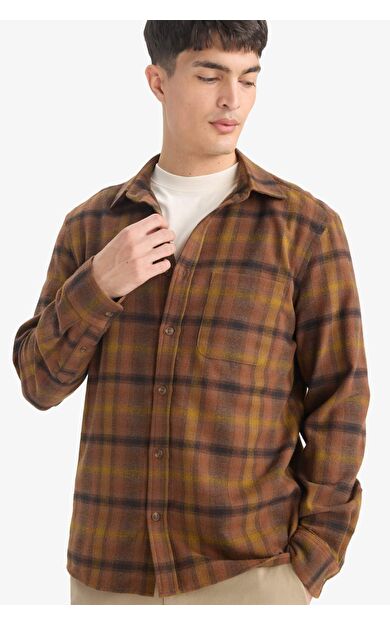 Regular Fit Polo Yaka Kareli Flanel Uzun Kollu Gömlek