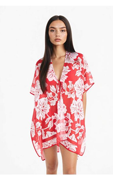 DeFacto -Fall in Love Regular Fit Tropikal Desenli Şifon Plaj Kıyafeti