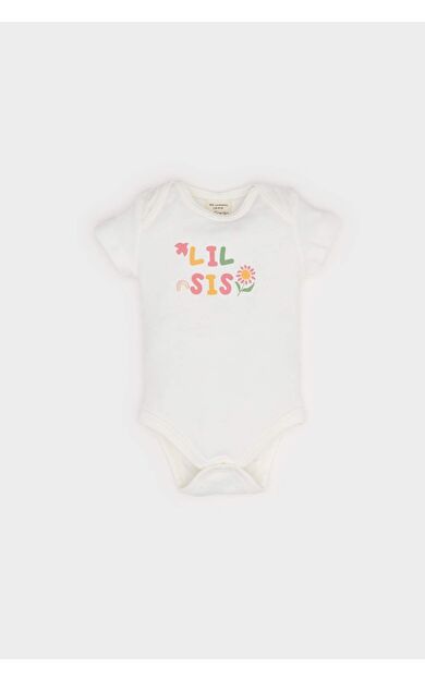 DeFacto Kız Bebek Yenidoğan Bisiklet Yaka Slogan Baskılı Ribana Kısa Kollu Çıtçıtlı Body