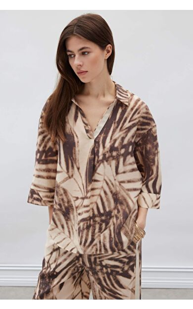 Oversize Geniş Kalıp Apaş Yaka Desenli Modal Uzun Kollu Bluz