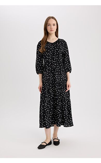 DeFacto Regular Fit Desenli  V Yaka Uzun Kollu Maxi Elbise