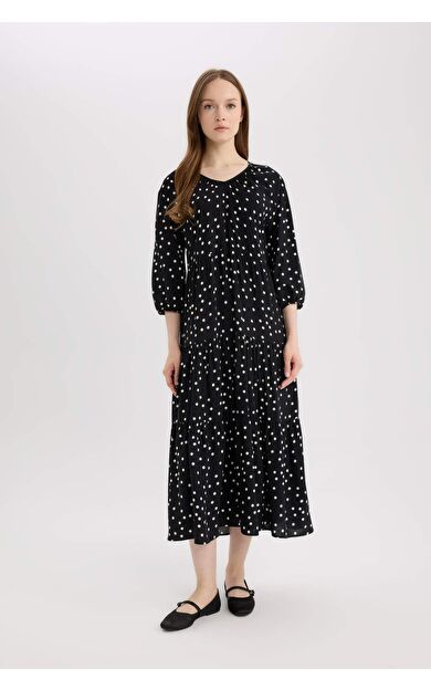 Regular Fit Desenli  V Yaka Uzun Kollu Maxi Elbise