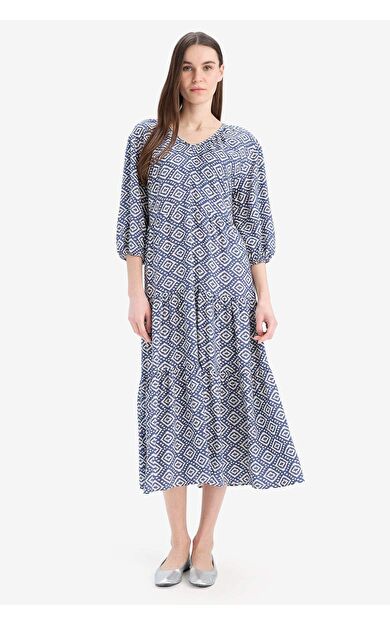 Regular Fit Desenli  V Yaka Uzun Kollu Maxi Elbise