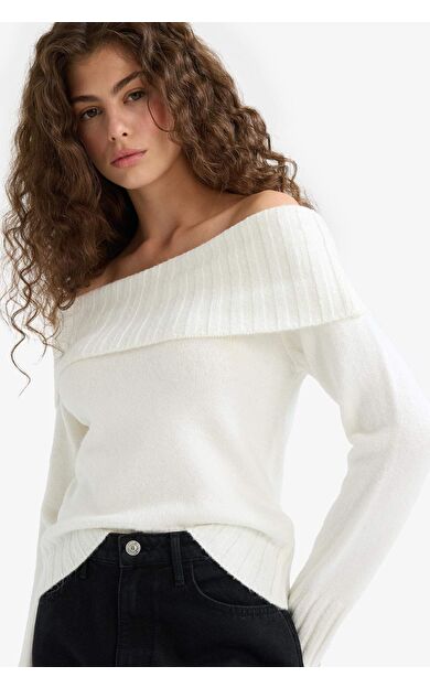 Slim Fit Dar Kesim Açık Omuz Kazak E8345AX25WNER105